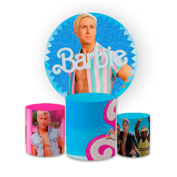 Kit Capa Painel Redondo + Trio Cilindros Decoração Aniversário Festa Infantil Barbie Ken 