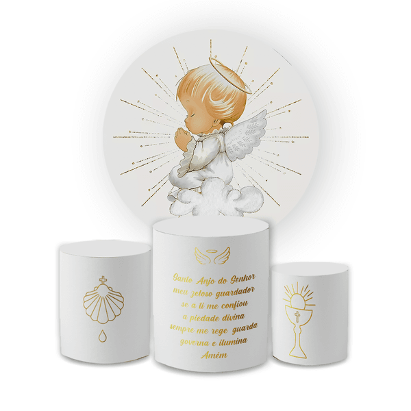 Kit Capa Painel Redondo + Trio Cilindros Decoração Espirito Santo Batizado Anjinho 