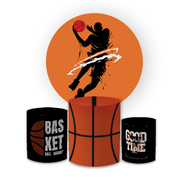 Kit Capa Painel Redondo + Trio Cilindros Decoração Aniversário Festa Infantil Basquete 