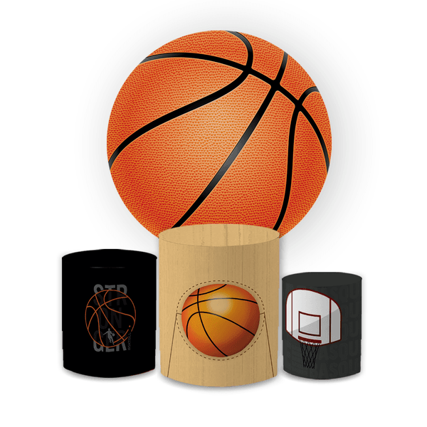 Kit Capa Painel Redondo + Trio Cilindros Decoração Aniversário Festa Infantil Basquete 
