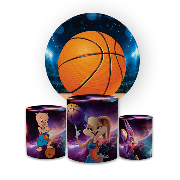 Kit Capa Painel Redondo + Trio Cilindros Decoração Aniversário Festa Infantil Basquete 