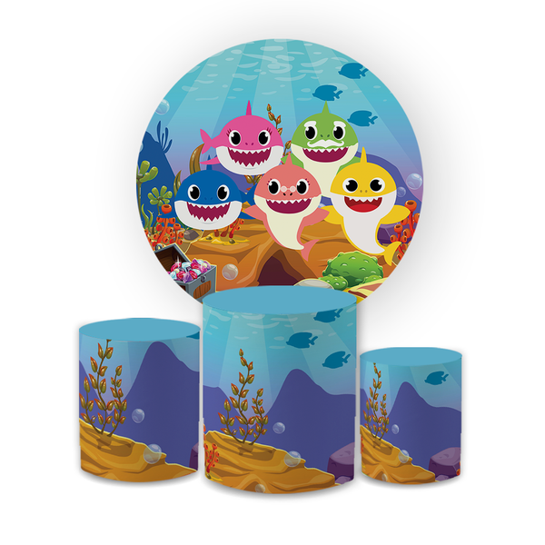 Kit Capa Painel Redondo + Trio Cilindros Decoração Aniversário Festa Infantil Baby Shark 