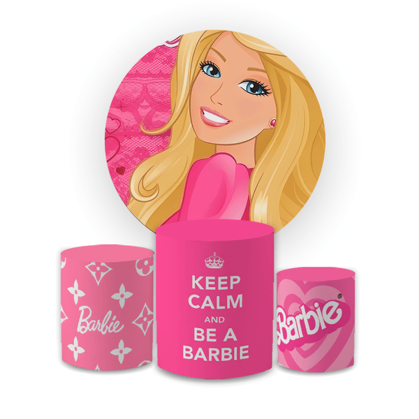 Kit Capa Painel Redondo + Trio Cilindros Decoração Aniversário Festa Infantil Barbie 