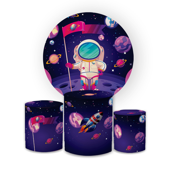 Kit Capa Painel Redondo + Trio Cilindros Decoração Aniversário Festa Infantil Astronauta Galáxia 