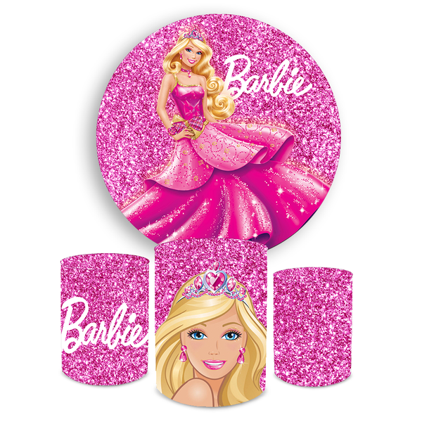 Kit Capa Painel Redondo + Trio Cilindros Decoração Aniversário Festa Infantil Barbie 