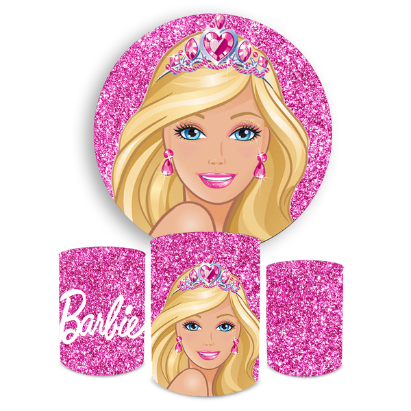 Kit Capa Painel Redondo + Trio Cilindros Decoração Aniversário Festa Infantil Barbie
