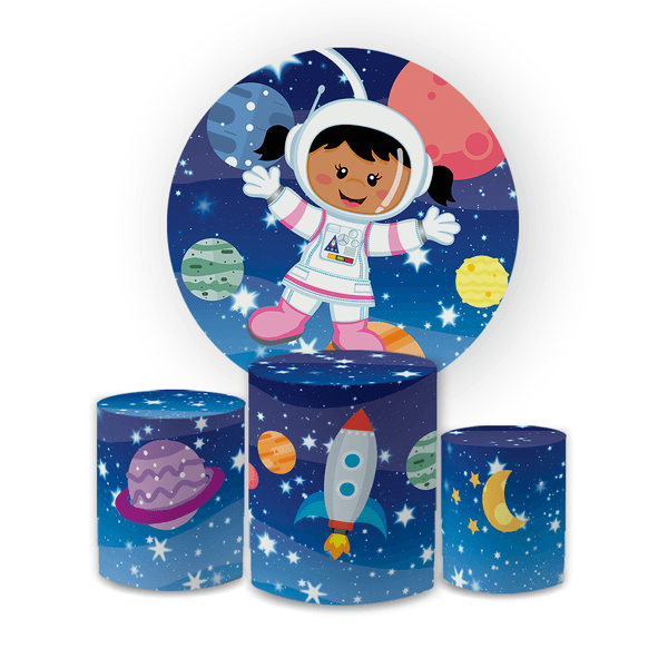 Kit Capa Painel Redondo + Trio Cilindros Decoração Aniversário Festa Infantil Astronauta Galáxia 
