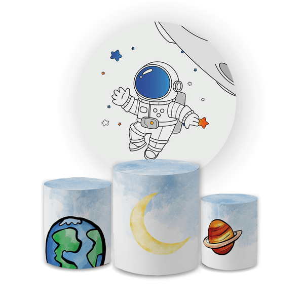 Kit Capa Painel Redondo + Trio Cilindros Decoração Aniversário Festa Infantil Astronauta Galáxia 