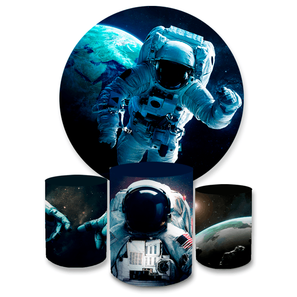 Kit Capa Painel Redondo + Trio Cilindros Decoração Aniversário Festa Infantil Astronauta Galáxia 