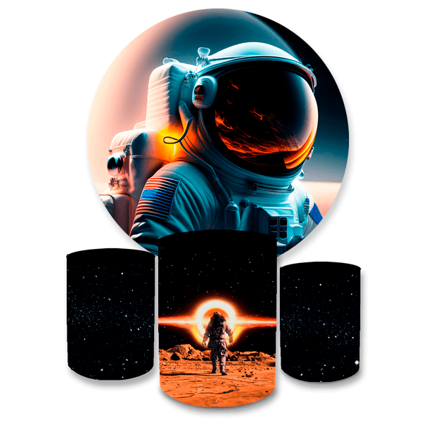 Kit Capa Painel Redondo + Trio Cilindros Decoração Aniversário Festa Infantil Astronauta Galáxia 