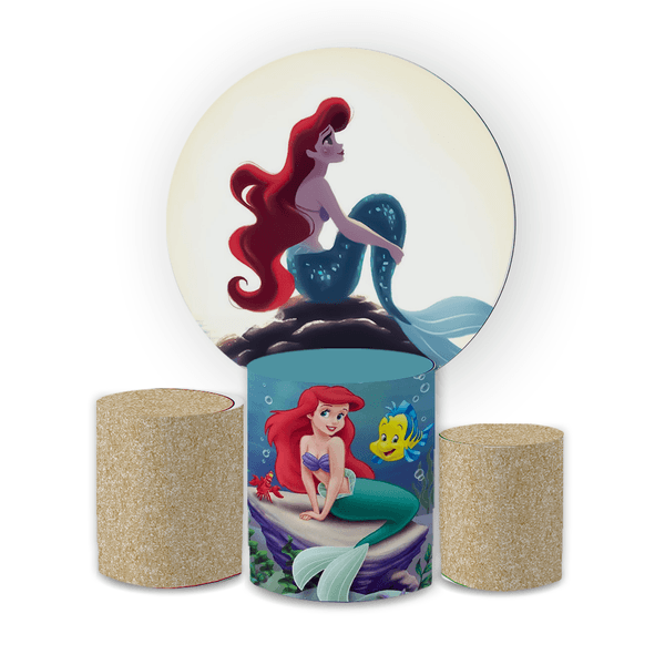Kit Capa Painel Redondo + Trio Cilindros Decoração Aniversário Festa Infantil Princesa Ariel A Pequena Sereia 