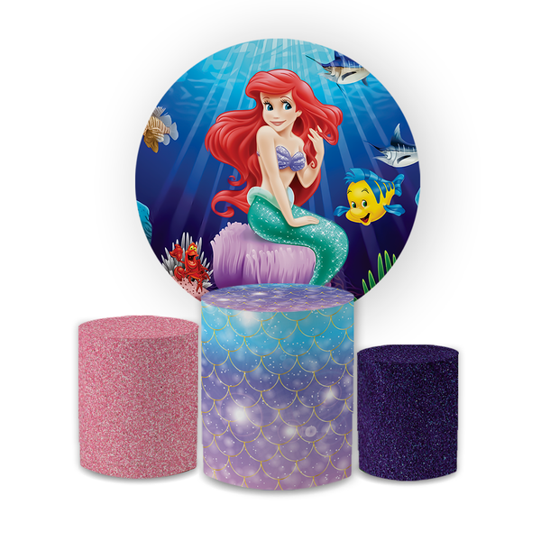 Kit Capa Painel Redondo + Trio Cilindros Decoração Aniversário Festa Infantil Princesa Ariel A Pequena Sereia 