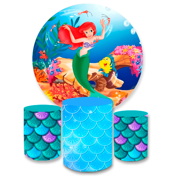 Kit Capa Painel Redondo + Trio Cilindros Decoração Aniversário Festa Infantil Princesa Ariel A Pequena Sereia 