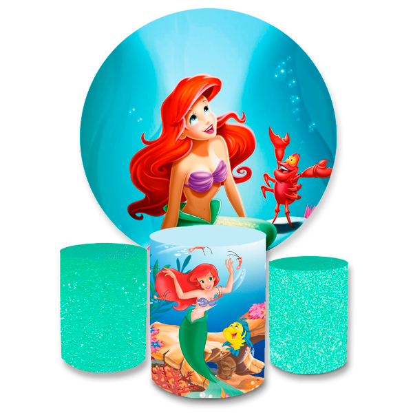 Kit Capa Painel Redondo + Trio Cilindros Decoração Aniversário Festa Infantil Princesa Ariel A Pequena Sereia 
