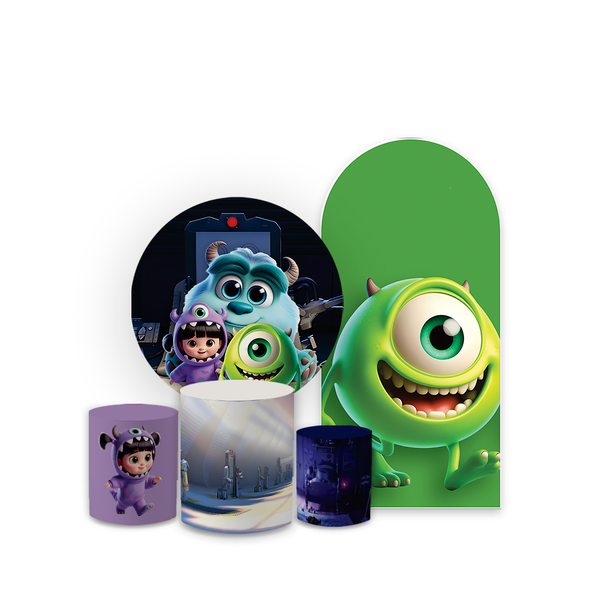 Kit Capa Painel Redondo + Romano + Trio Cilindros Decoração Festa Aniversário Infantil Tema Monstros SA