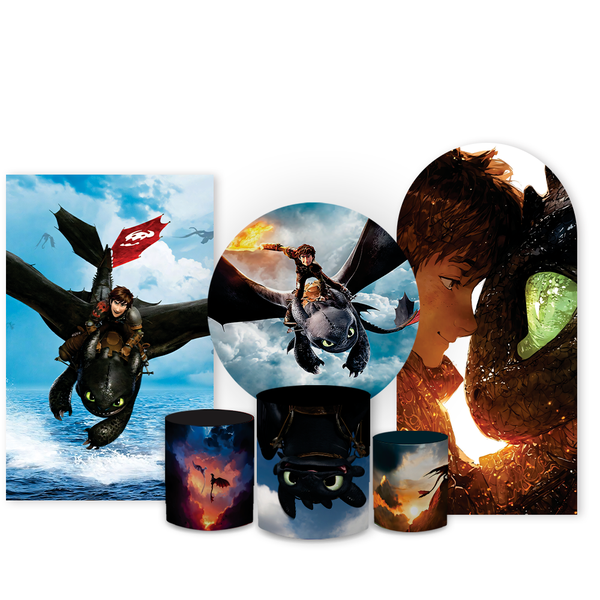 Kit Capa Completo Painel Redondo Romano Retangular + Trio Cilindro Decoração Como Treinar Seu Dragão Filme
