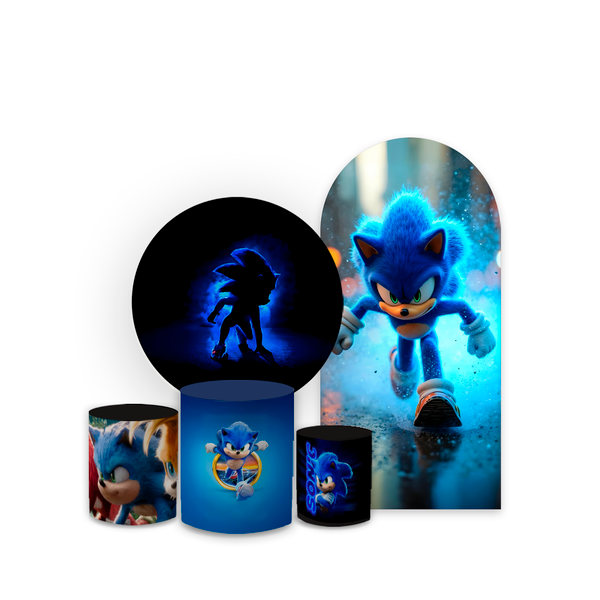  Kit Capa Painel Romano + Redondo Com Trio Cilindro Decoração Festa Tema Sonic