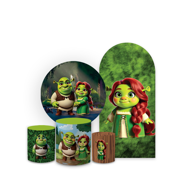  Kit Capa Painel Romano + Redondo Com Trio Cilindro Decoração Festa Tema Shrek