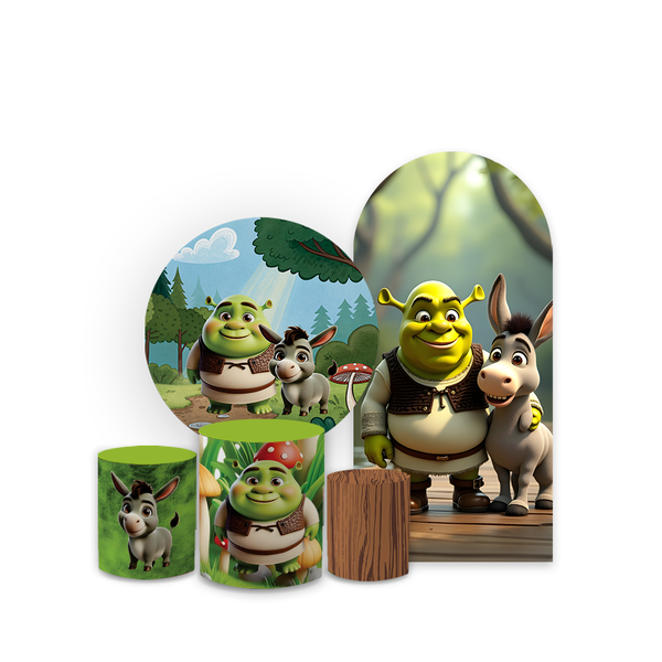  Kit Capa Painel Romano + Redondo Com Trio Cilindro Decoração Festa Tema Shrek