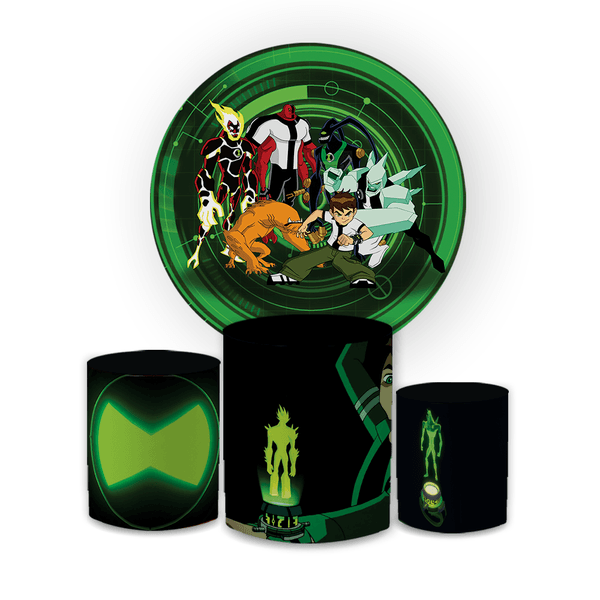 Kit Capa Painel Redondo + Trio Cilindros Decoração Festa Aniversário Infantil Ben 10