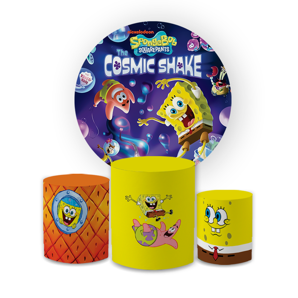 Kit Capa Painel Redondo + Trio Cilindros Decoração Festa Aniversário Infantil Desenho Bob Esponja 