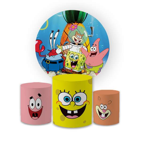 Kit Capa Painel Redondo + Trio Cilindros Decoração Festa Aniversário Infantil Desenho Bob Esponja 