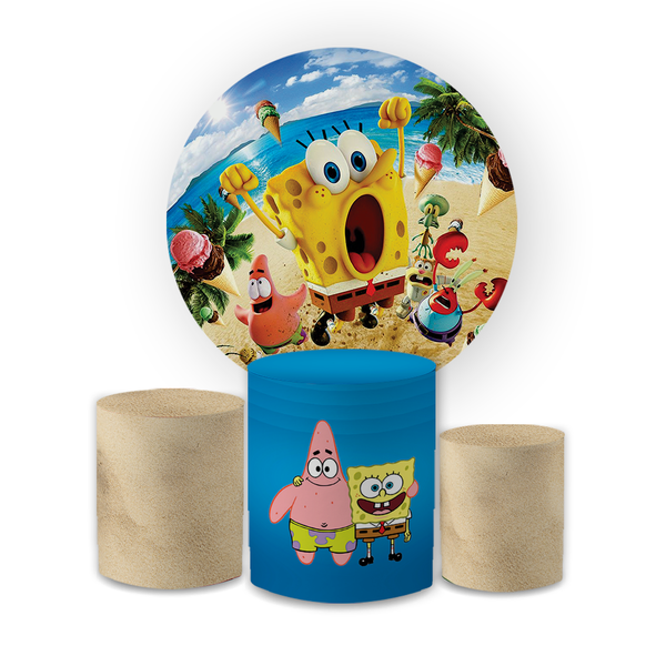 Kit Capa Painel Redondo + Trio Cilindros Decoração Festa Aniversário Infantil Desenho Bob Esponja 