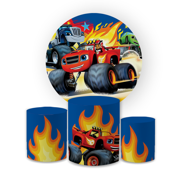 Kit Capa Painel Redondo + Trio Cilindros Decoração Festa Aniversário Infantil Blaze 