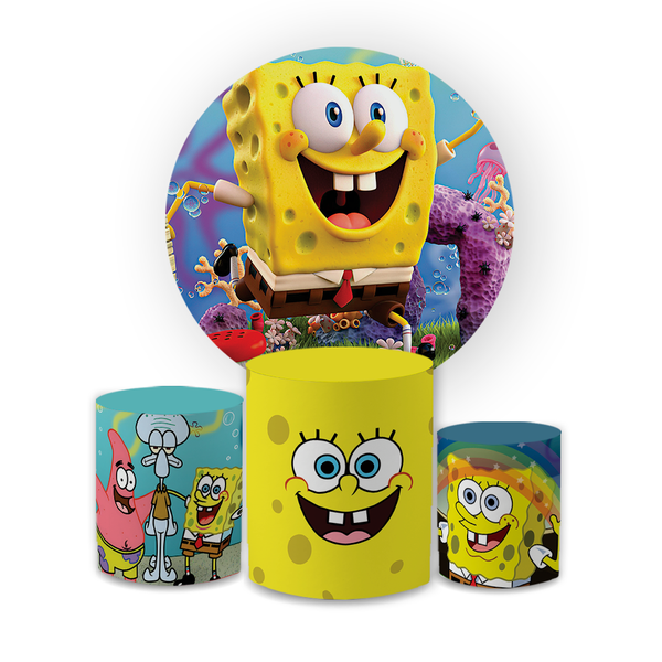 Kit Capa Painel Redondo + Trio Cilindros Decoração Festa Aniversário Infantil Desenho Bob Esponja 