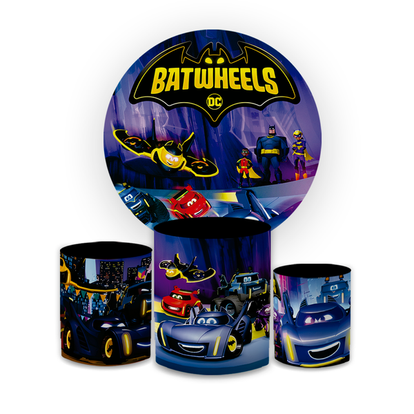 Kit Capa Painel Redondo + Trio Cilindros Decoração Festa Aniversário Infantil Batwheels