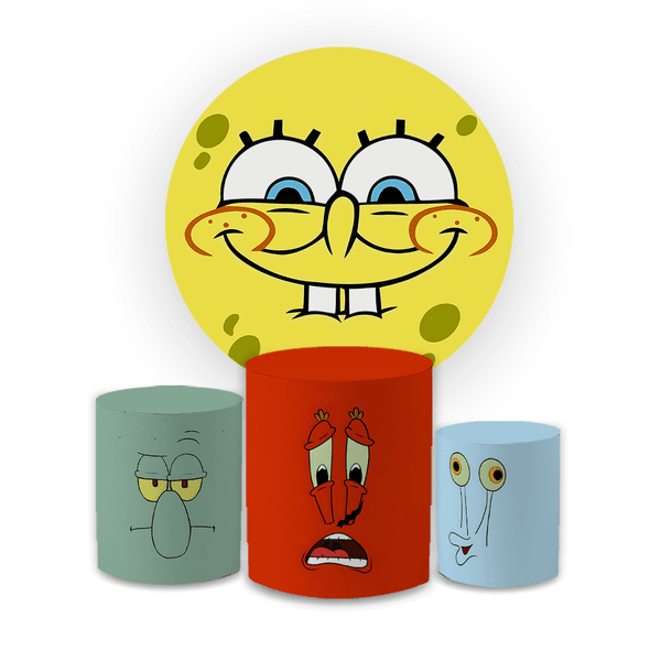 Kit Capa Painel Redondo + Trio Cilindros Decoração Festa Aniversário Infantil Desenho Bob Esponja