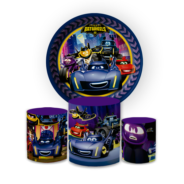 Kit Capa Painel Redondo + Trio Cilindros Decoração Festa Aniversário Infantil Batwheels 