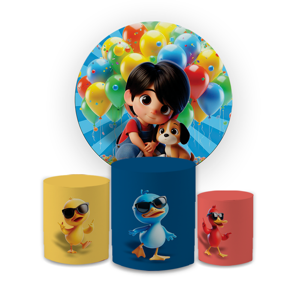 Kit Capa Painel Redondo + Trio Cilindros Decoração Festa Aniversário Infantil Bento e Totó 