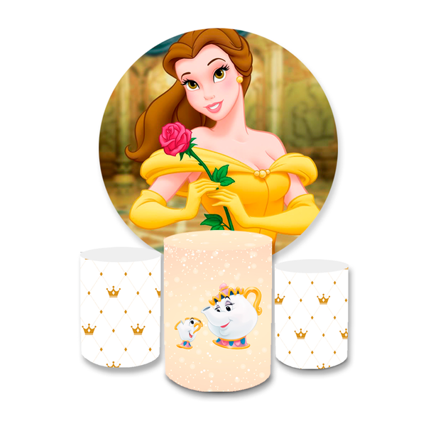 Kit Capa Painel Redondo + Trio Cilindros Decoração Festa Aniversário Infantil A Bela e a Fera 