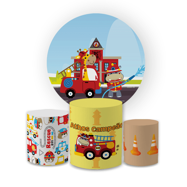 Kit Capa Painel Redondo + Trio Cilindros Decoração Festa Aniversário Infantil Bombeiro 