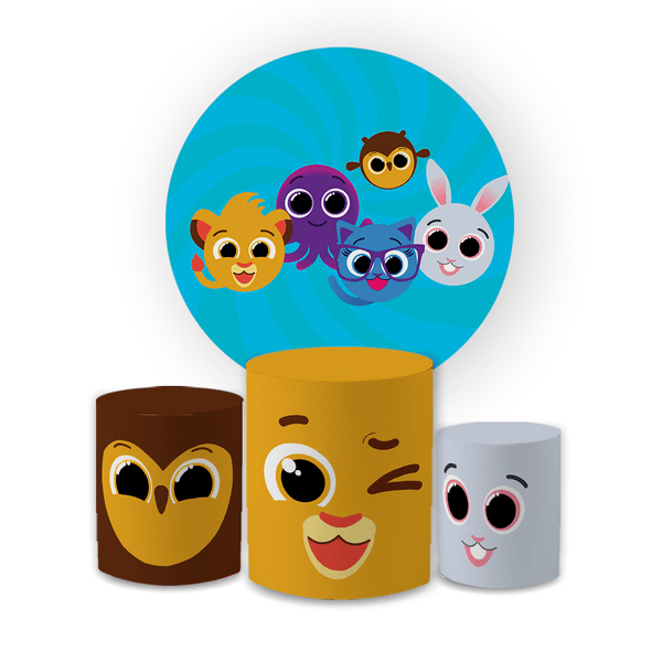 Kit Capa Painel Redondo + Trio Cilindros Decoração Festa Aniversário Infantil Desenho Bolofofos 