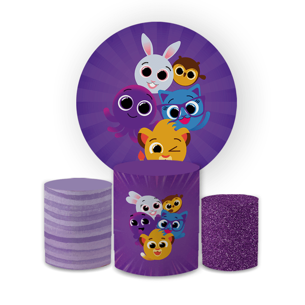 Kit Capa Painel Redondo + Trio Cilindros Decoração Festa Aniversário Infantil Desenho Bolofofos 