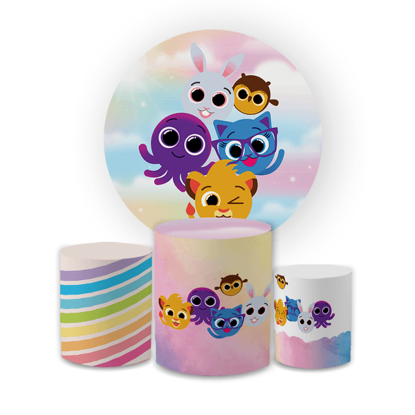 Kit Capa Painel Redondo + Trio Cilindros Decoração Festa Aniversário Infantil Desenho Bolofofos