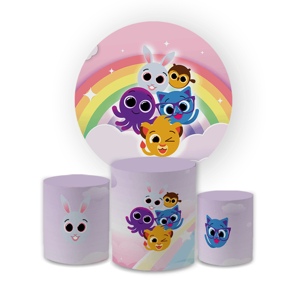 Kit Capa Painel Redondo + Trio Cilindros Decoração Festa Aniversário Infantil Desenho Bolofofos 