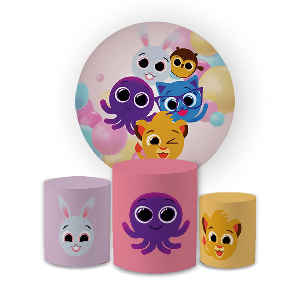 Kit Capa Painel Redondo + Trio Cilindros Decoração Festa Aniversário Infantil Desenho Bolofofos 