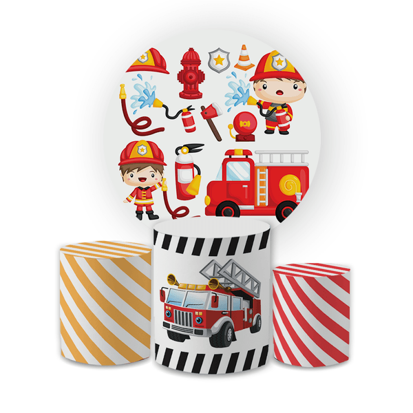 Kit Capa Painel Redondo + Trio Cilindros Decoração Festa Aniversário Infantil Bombeiro 