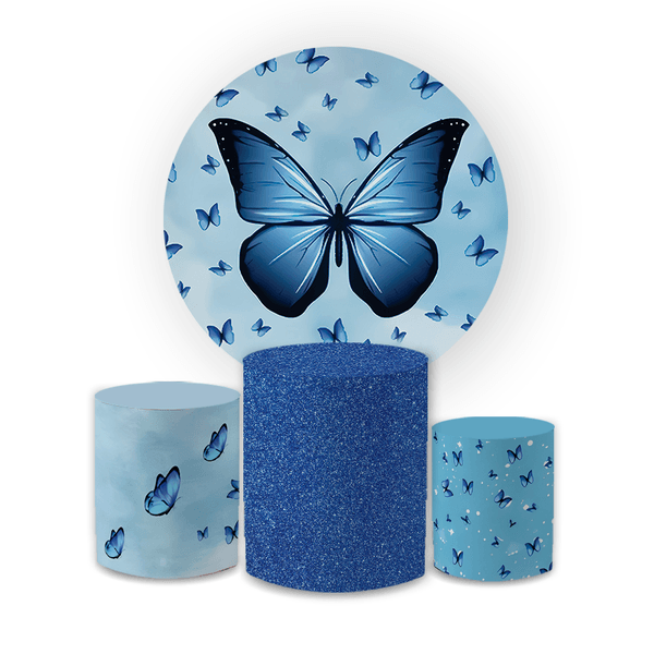 Kit Capa Painel Redondo + Trio Cilindros Decoração Festa Aniversário Borboletas Azul 