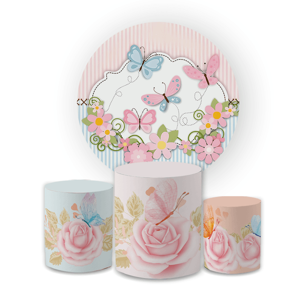 Kit Capa Painel Redondo + Trio Cilindros Decoração Festa Aniversário Jardim das Borboletas