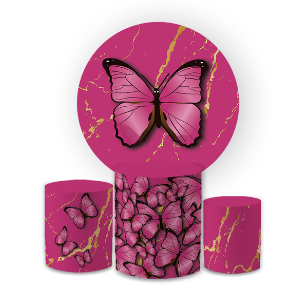 Kit Capa Painel Redondo + Trio Cilindros Decoração Festa Aniversário Borboletas Rosas
