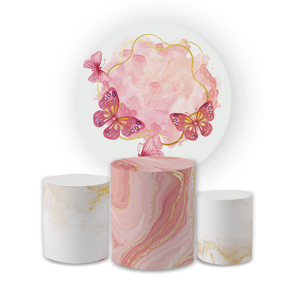 Kit Capa Painel Redondo + Trio Cilindros Decoração Festa Aniversário Borboletas Rosas 