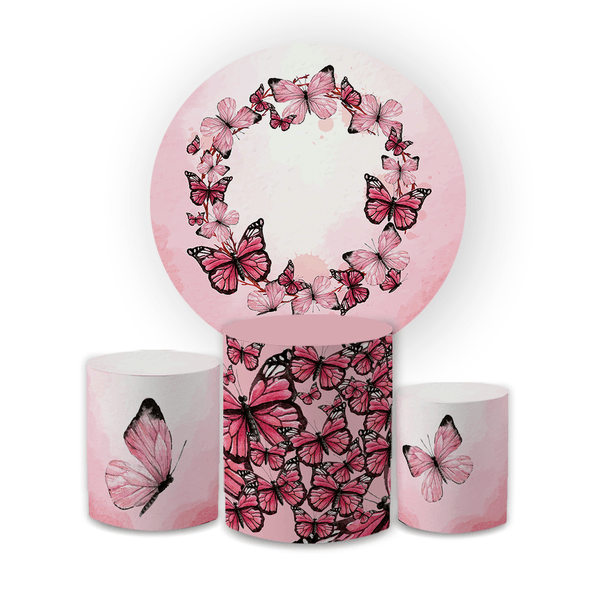 Kit Capa Painel Redondo + Trio Cilindros Decoração Festa Aniversário Borboletas Rosas