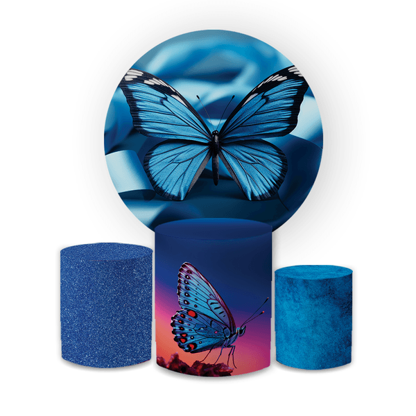 Kit Capa Painel Redondo + Trio Cilindros Decoração Festa Aniversário Borboletas Azul 
