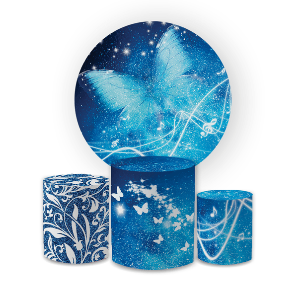 Kit Capa Painel Redondo + Trio Cilindros Decoração Festa Aniversário Borboletas Azul