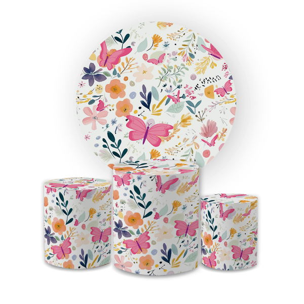Kit Capa Painel Redondo + Trio Cilindros Decoração Festa Aniversário Jardim das Borboletas