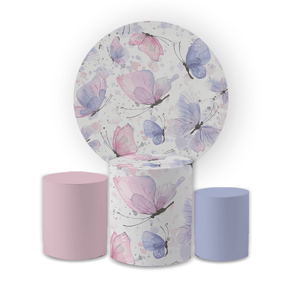 Kit Capa Painel Redondo + Trio Cilindros Decoração Festa Aniversário Jardim das Borboletas 